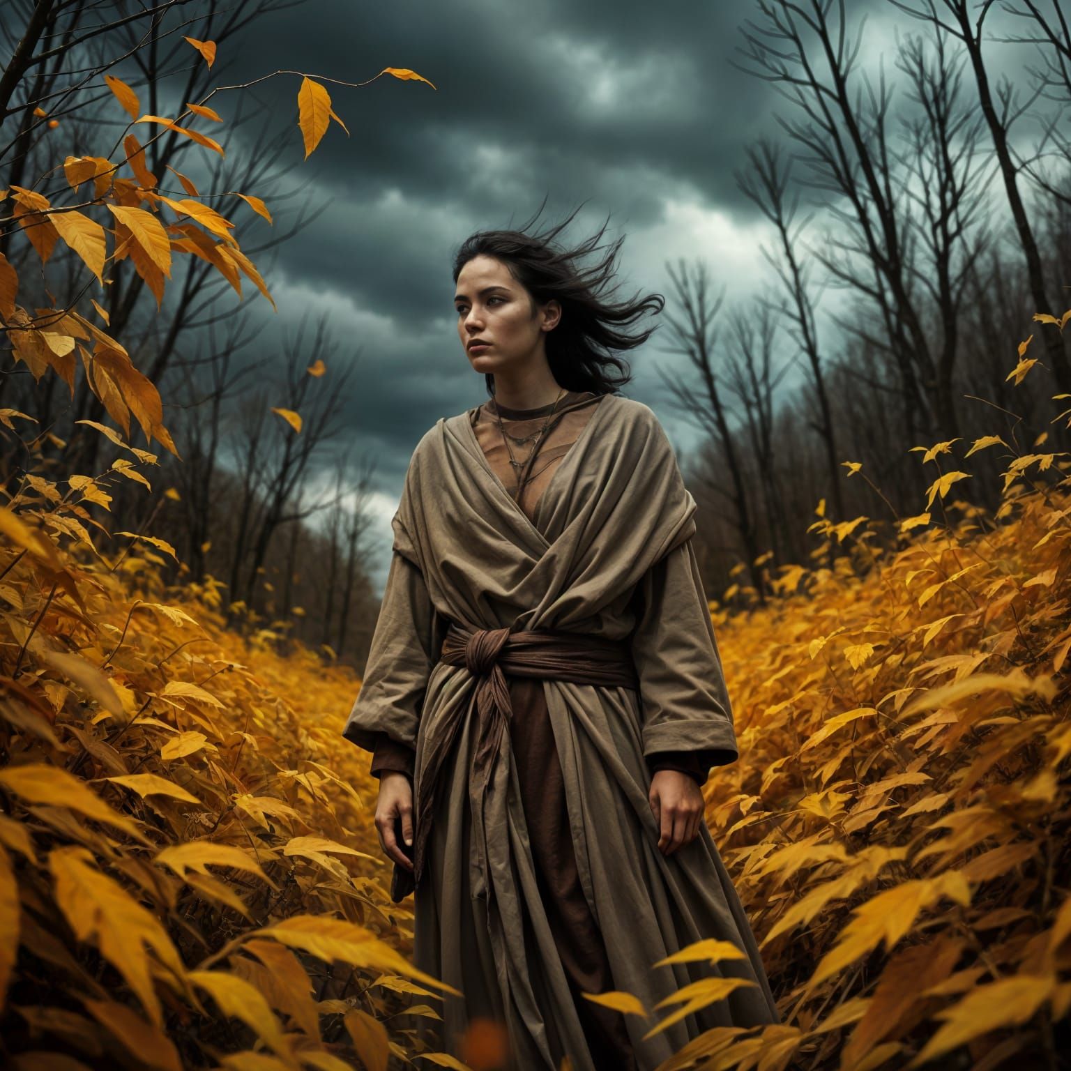 Hyper Realistic Noir Landscape with Windswept Leaves