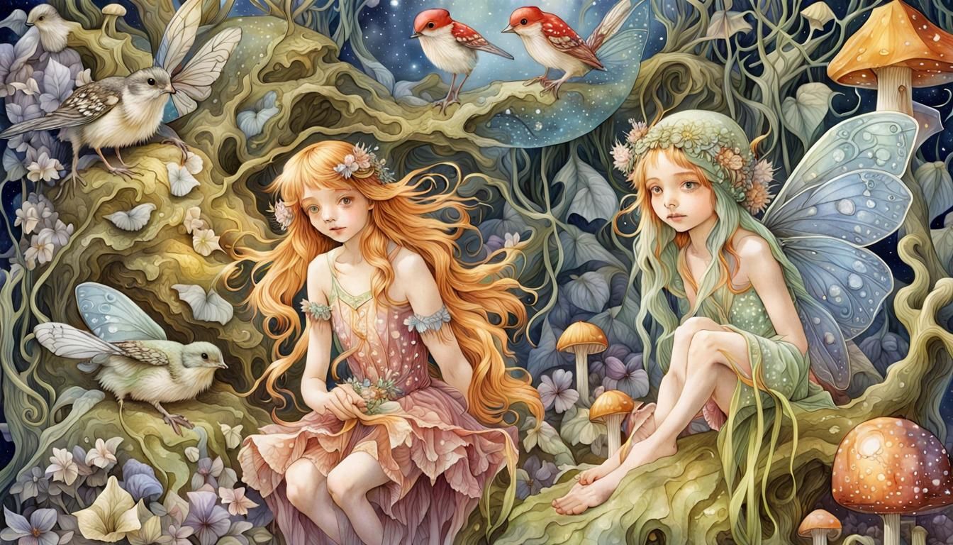 Fairytale Fairies with Birds on Crystals: Coloring Book Illu...