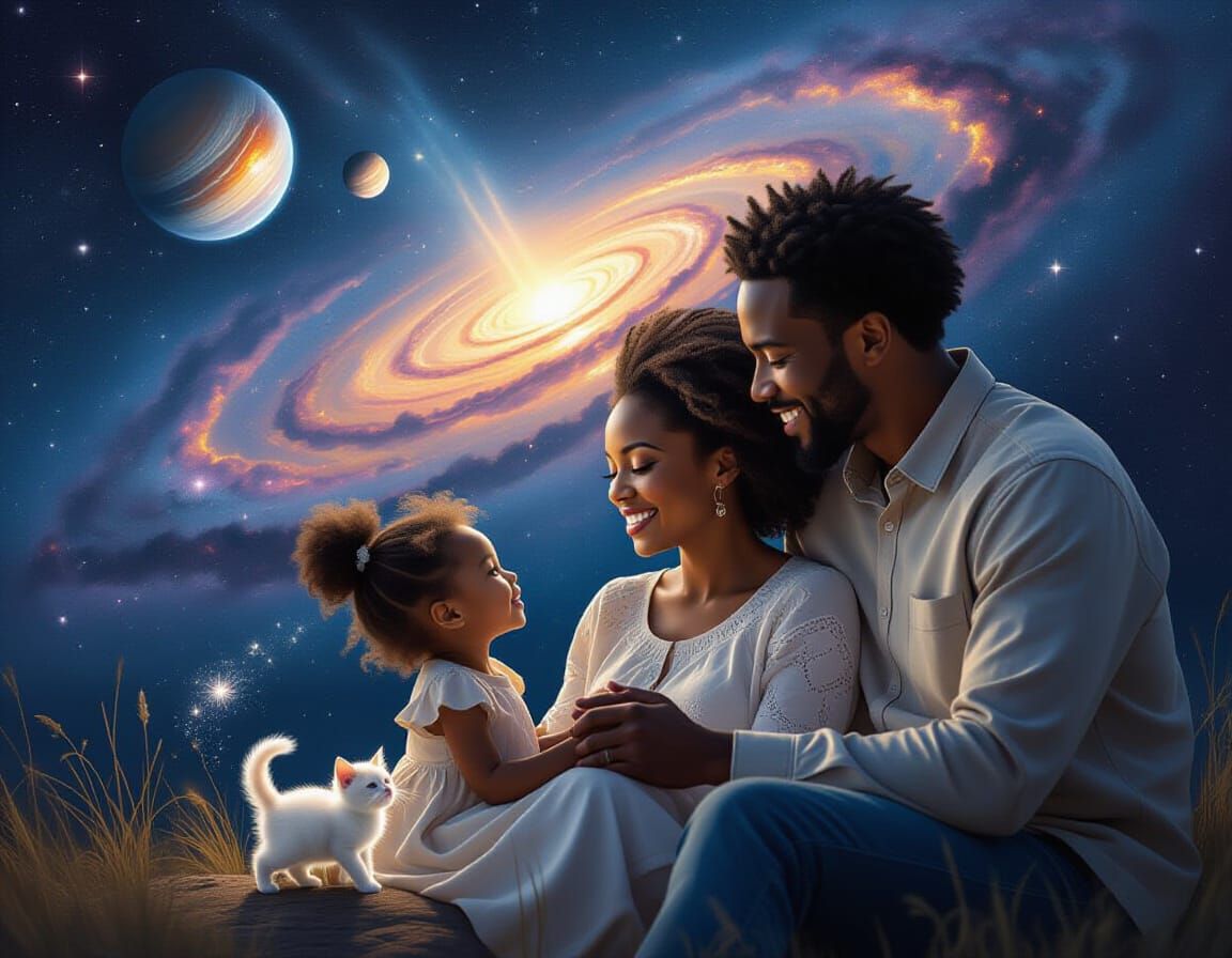 African American Family Amidst Cosmic Wonder
