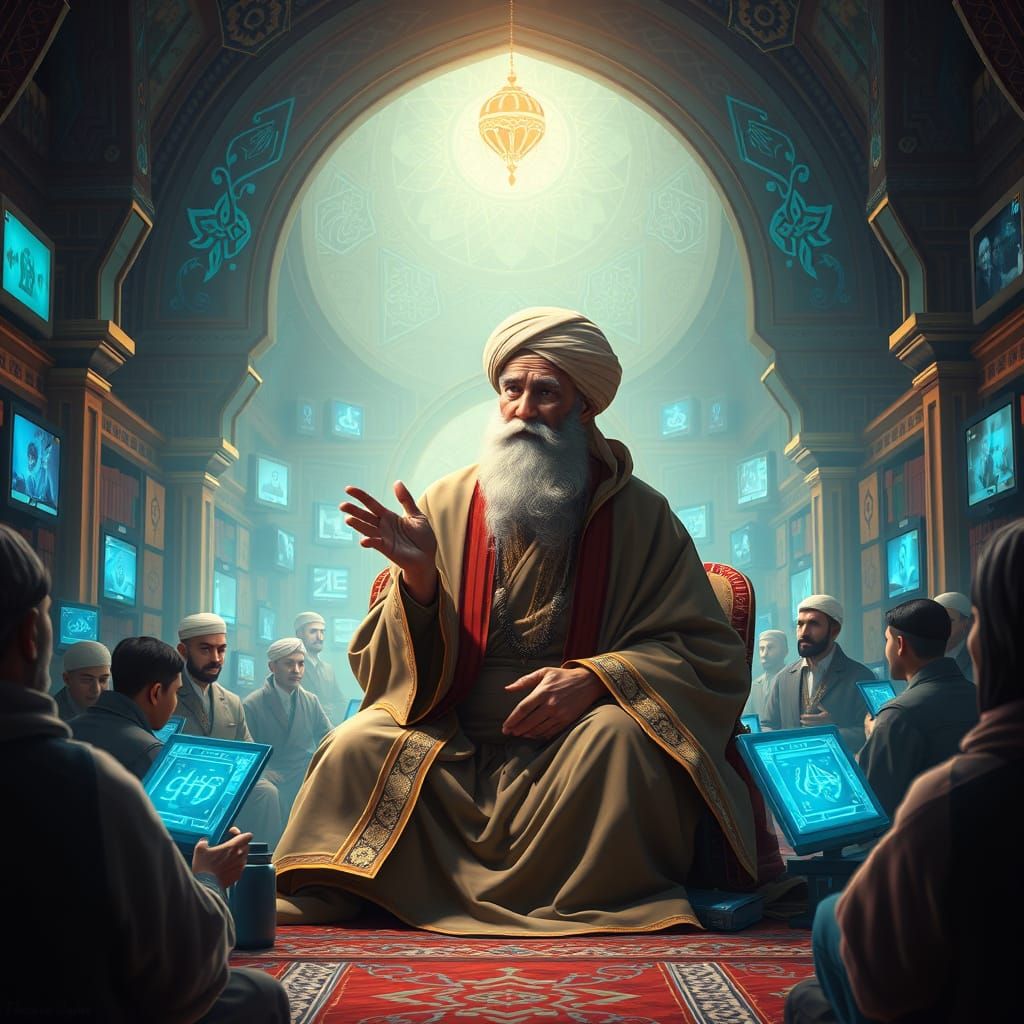 Wise Persian Scholar in Futuristic Library