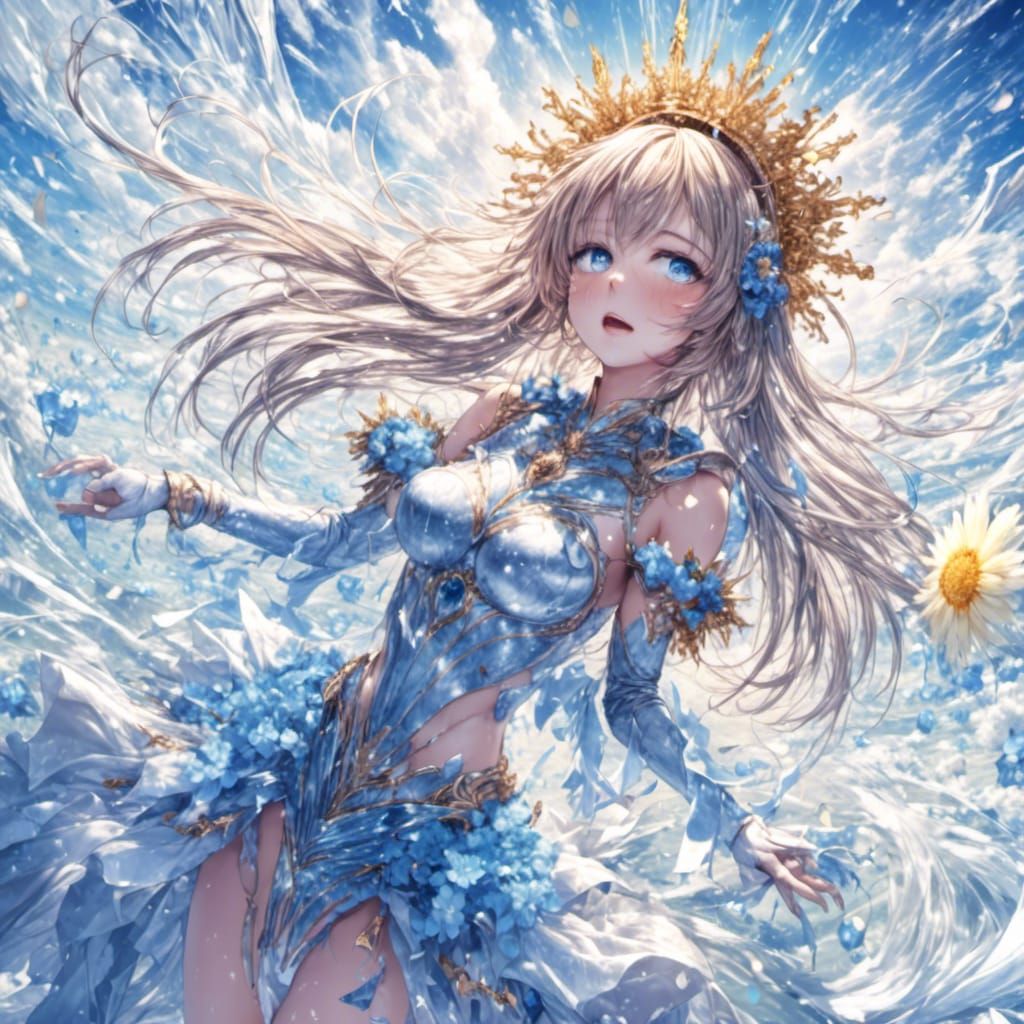 Mystical Blue Sun with Water Droplet and Flowers