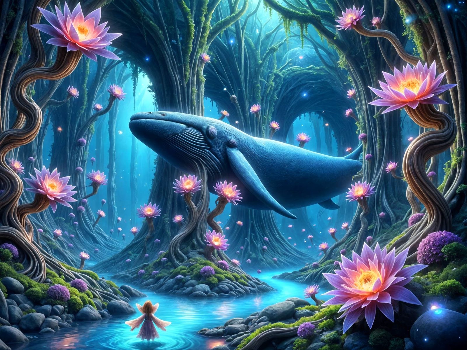 Whimsical Fae Explores Blue Whale's Enchanted Interior
