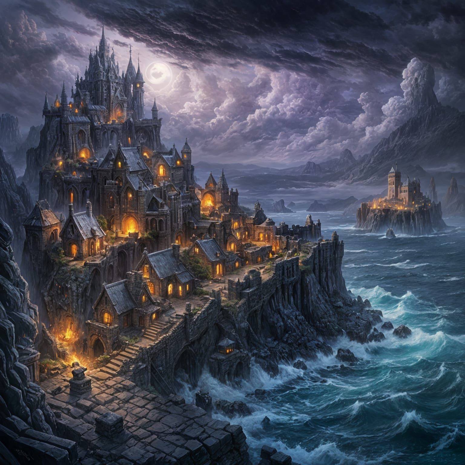 Ruined Elven Village Ablaze in Dark Fantasy Style
