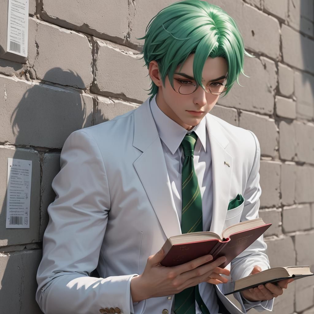 Green-Haired Man Levitating Book: 3D Anime Portrait