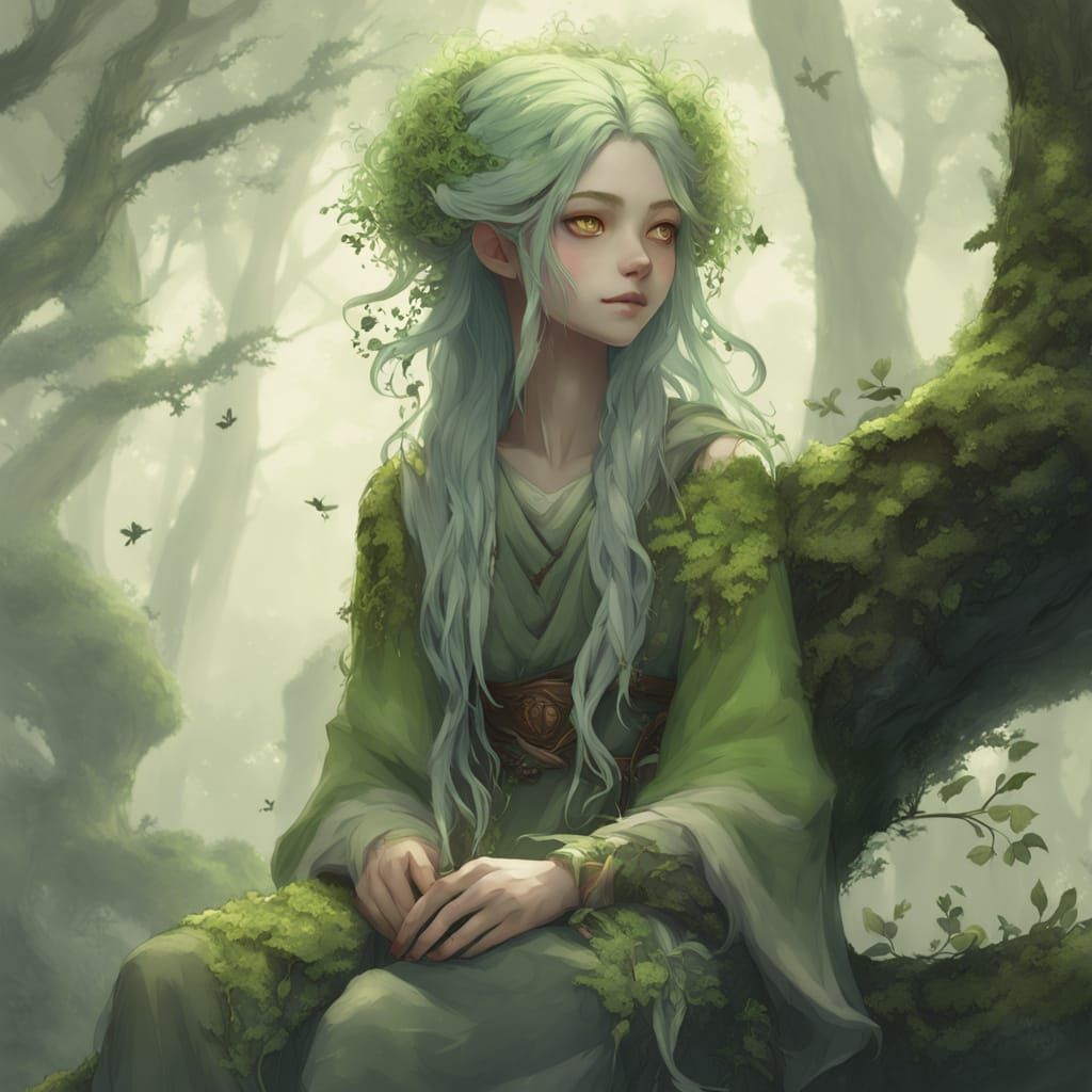 Surreal Dryad Girl in Mossy Lichen Attire Amidst Whispy Fog