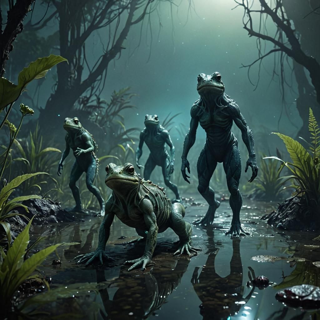 Amphibious Alien Creatures in a Bioluminescent Ecosystem