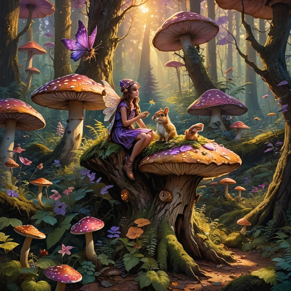 Fairy and Chipmunk in Forest, Matte Painting