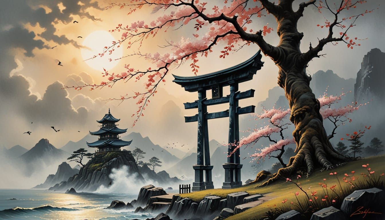 Misty Sunrise Reveals Torii Gate in Sumi-e Style
