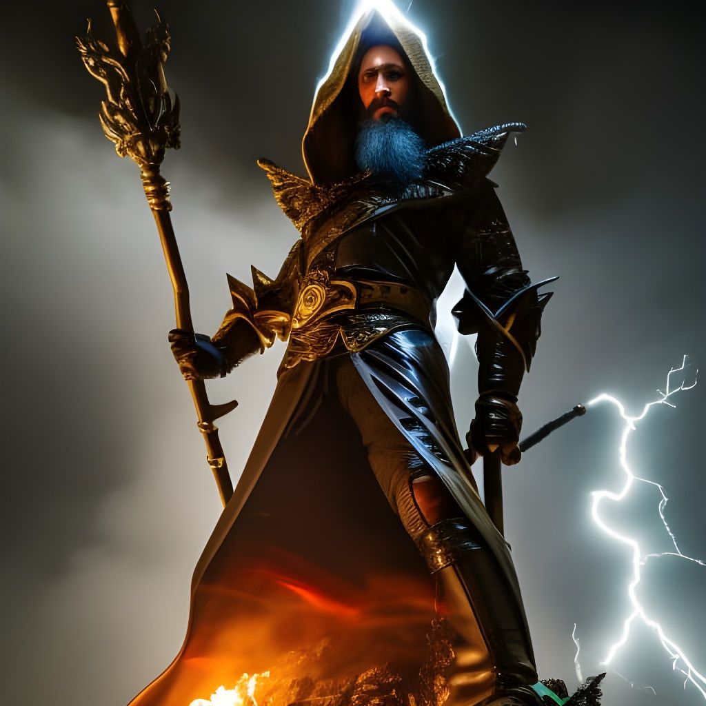 Wizard Conjures Lightning with Orb and Staff