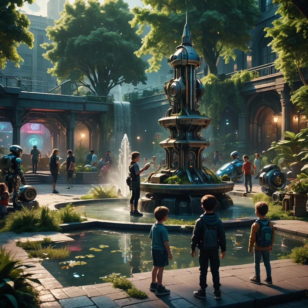Futuristic Hamlet Square: Kids, Robotics, and Greenery