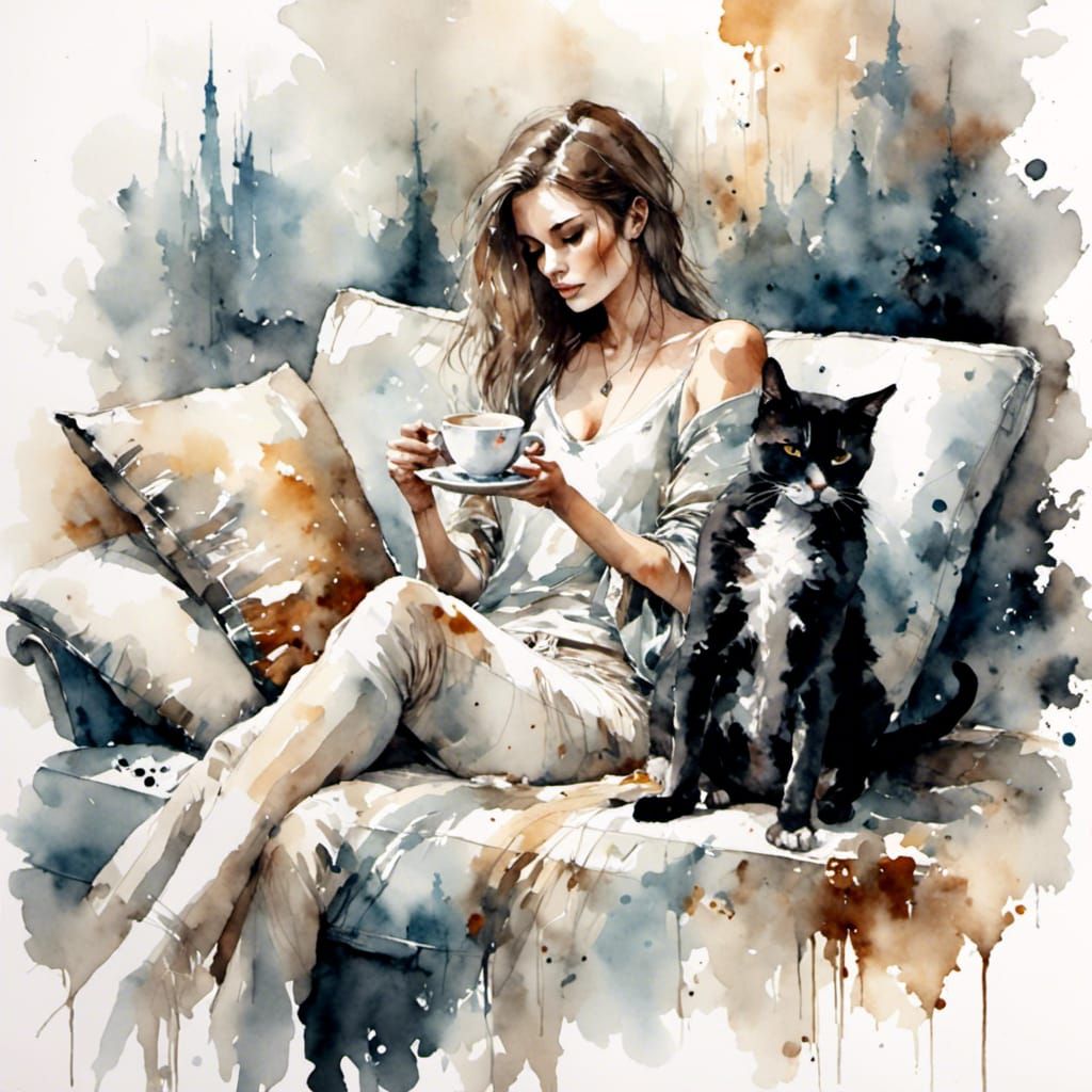 Woman and Cat Cuddling: Antique Watercolor Style