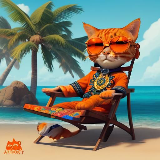 Orange Cat Relaxes on Beach in Cartoon Style