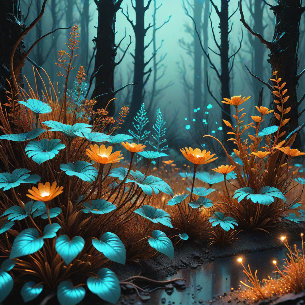 Botanical Metal Landscapes in Bioluminescent Forest
