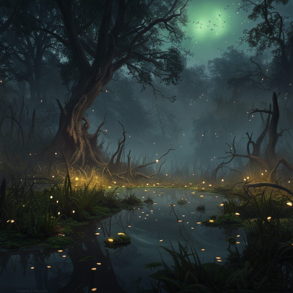 A swamp on a misty night with fireflies