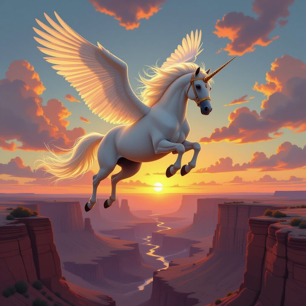 Pegasus Lands Above Canyon in Dreamy Ethereal Style