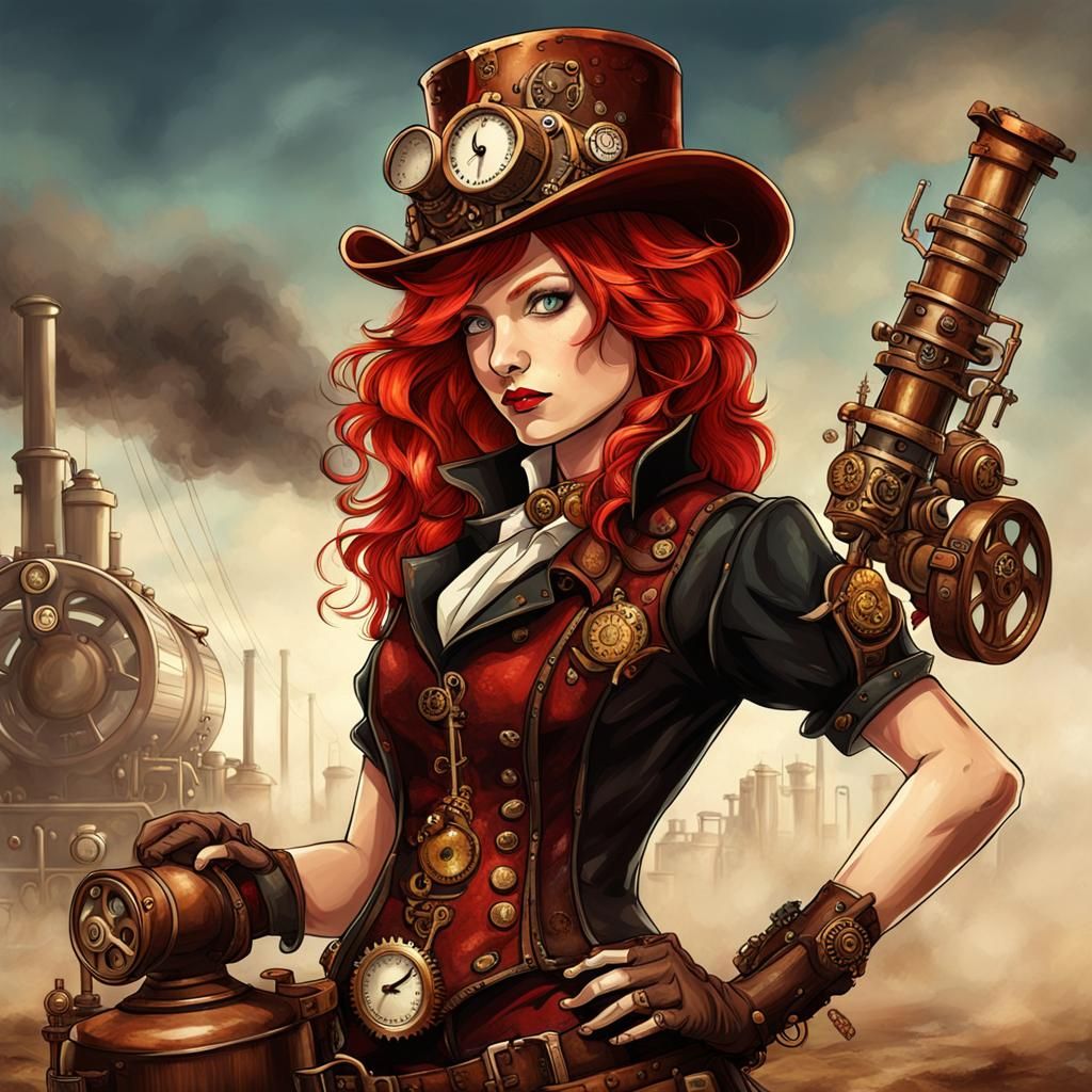 Red-Haired Steampunk Cowgirl with Engine