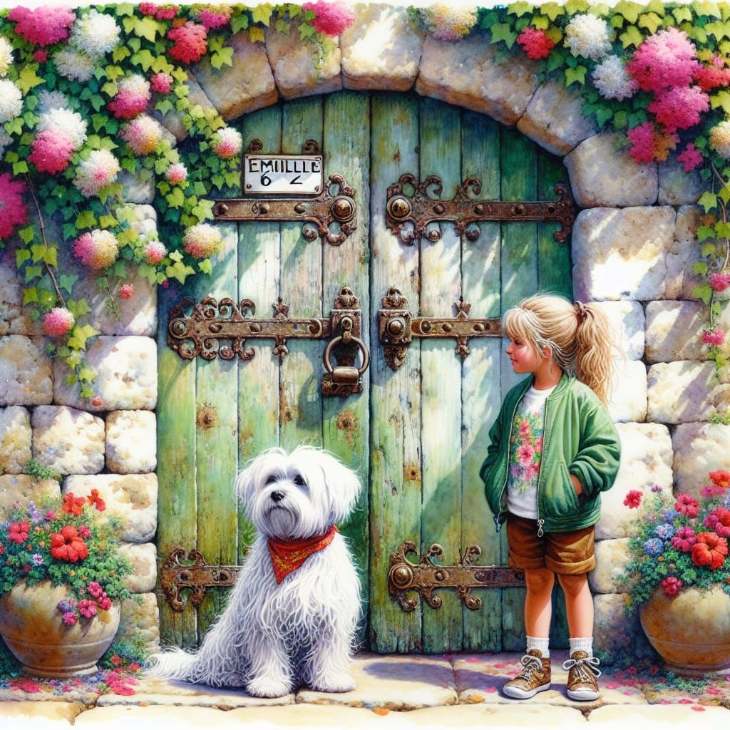 Watercolor Painting of Ivy-Covered Stone Wall and Gate