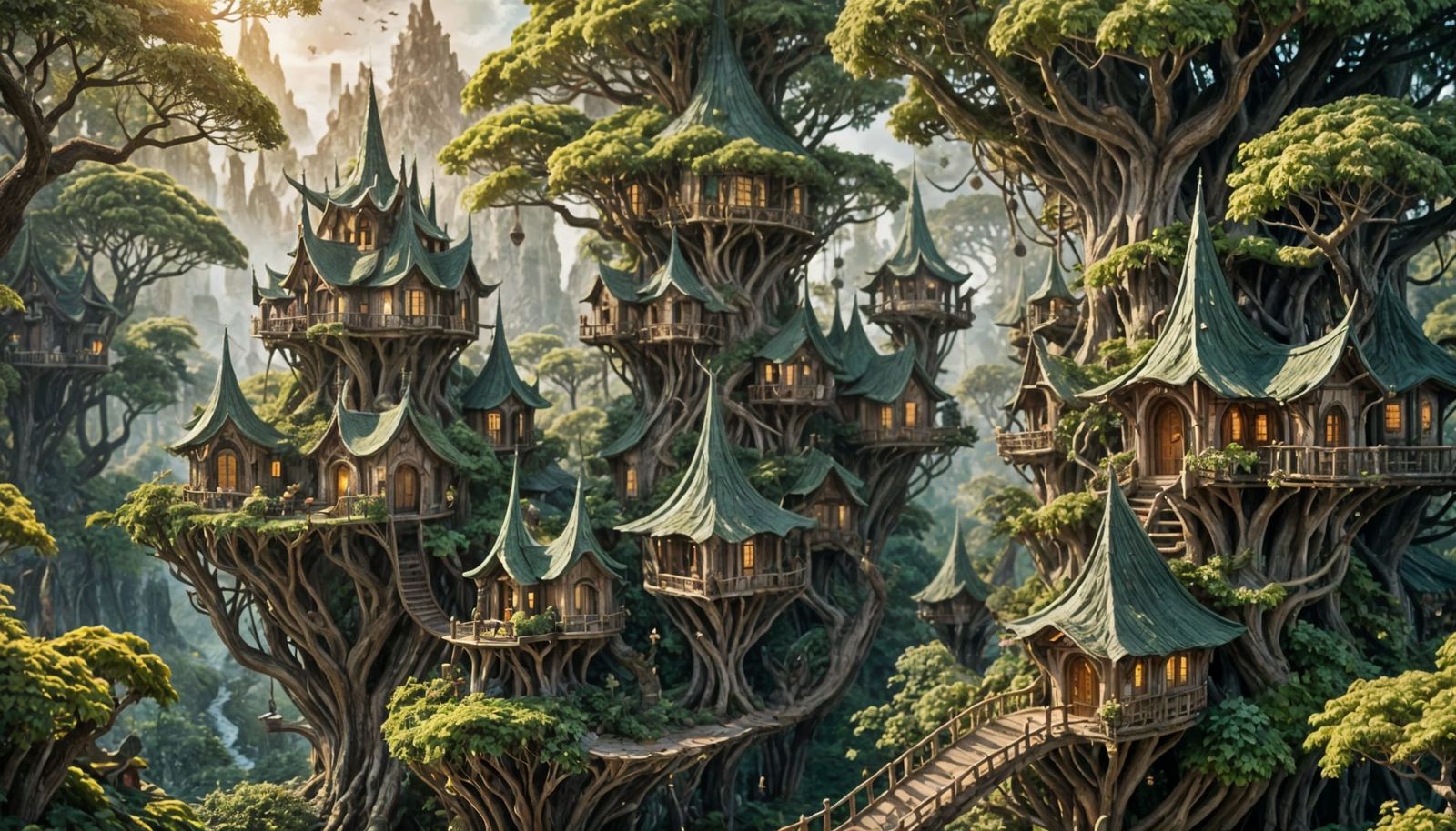 Enchanted Elven Village Treehouses in Forest Photography