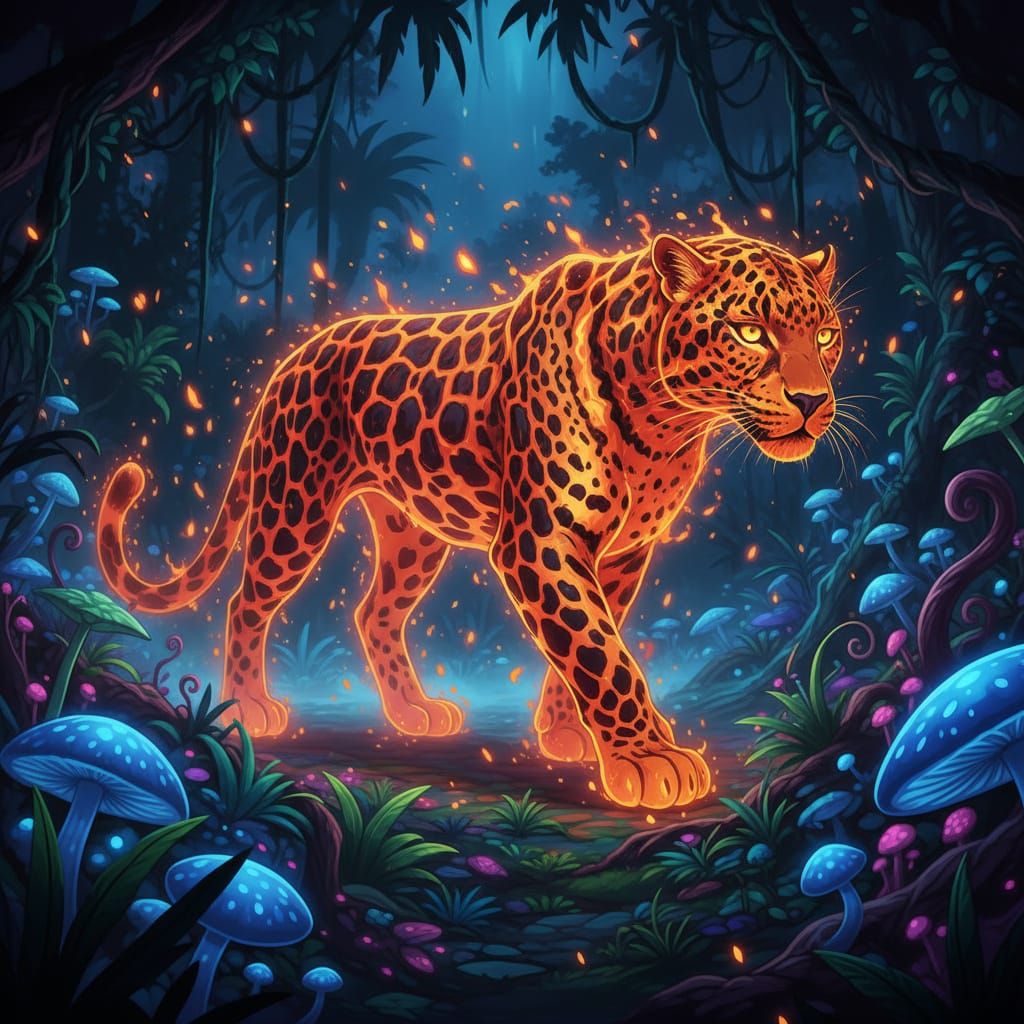 Molten Lava Leopard in Bioluminescent Jungle at Night