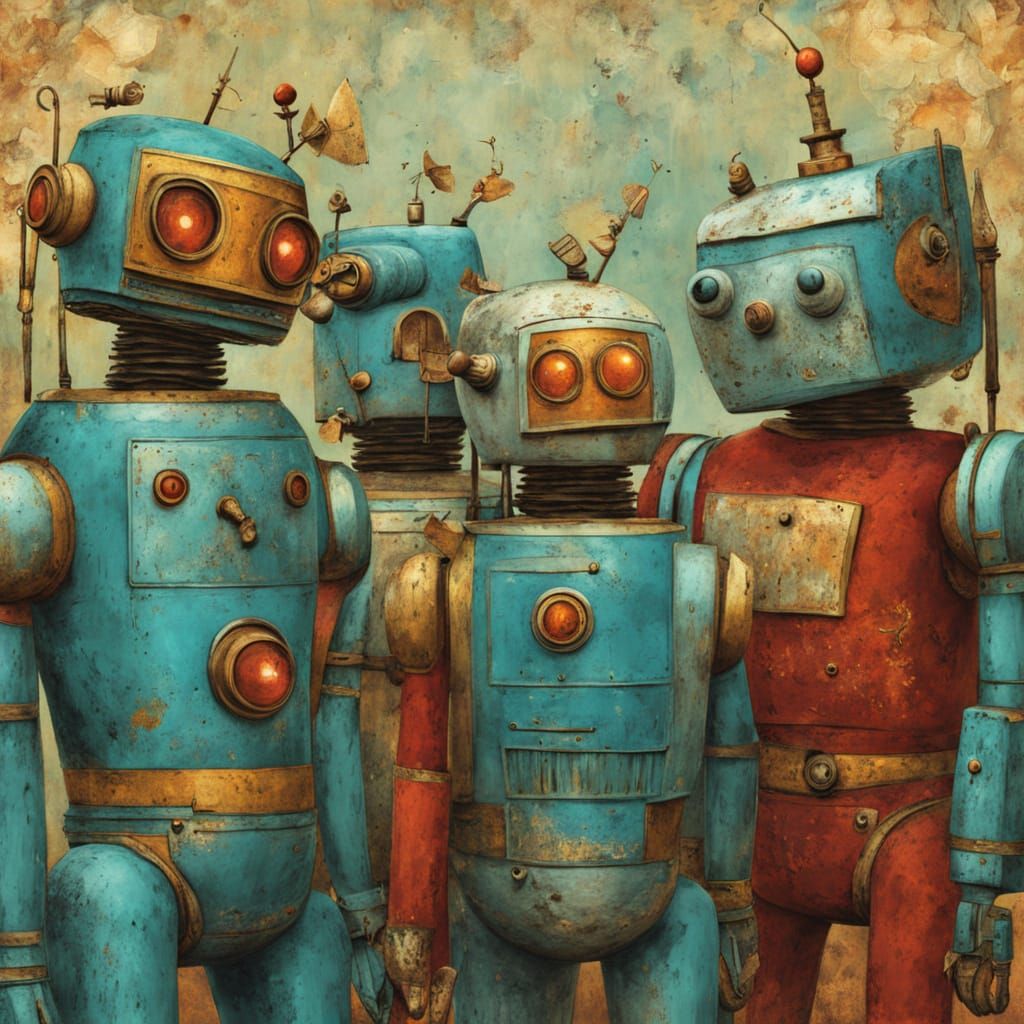 Joyful Robots in Impressionist Sci-Fi Style