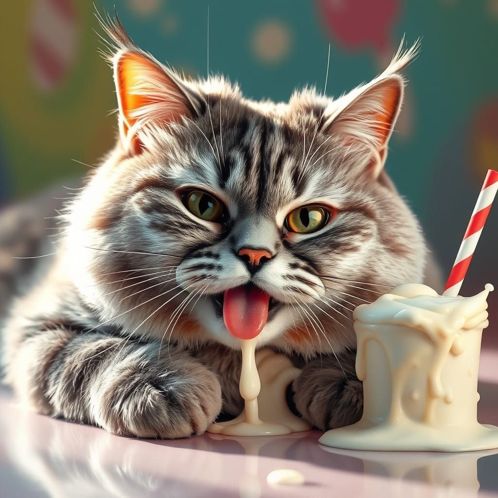 Plump Cat Savoring Creamy Milkshake