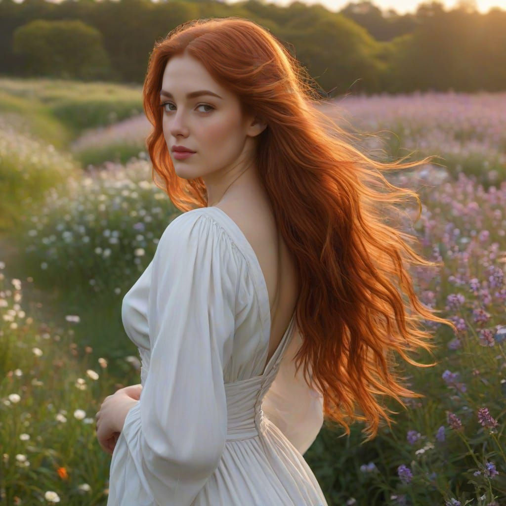 Woman in Wildflower Field: Pre-Raphaelite Style