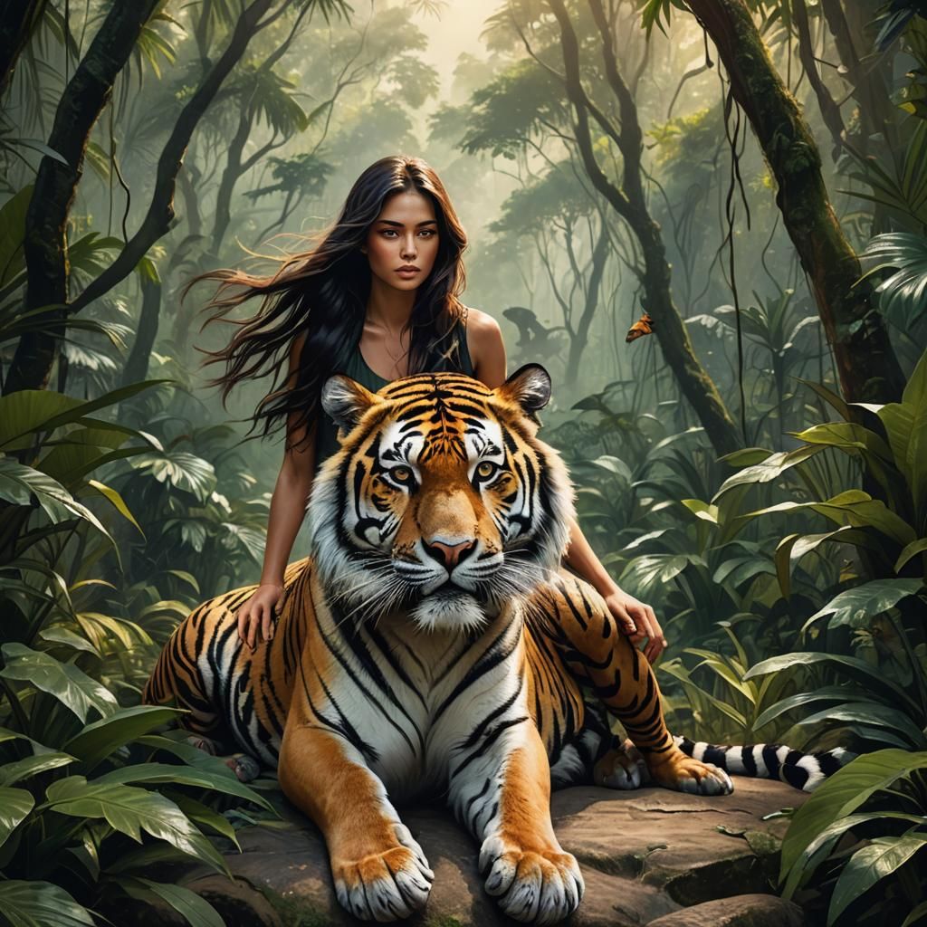 Woman Rides Tiger Through Jungle