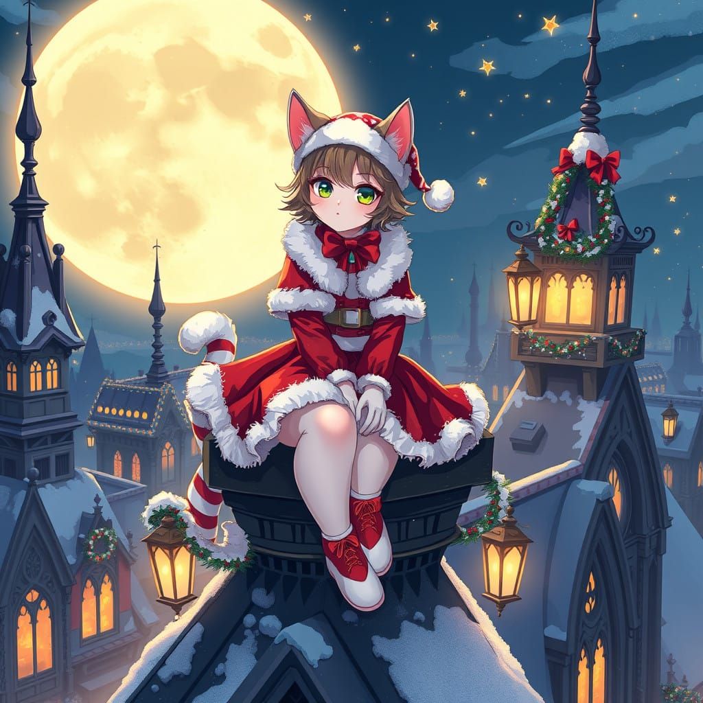 Mystical Catgirl Sits Amidst Gothic Christmas Wonderland