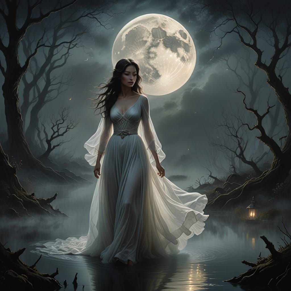 Ethereal Woman Adrift in Mystical Bog Mire
