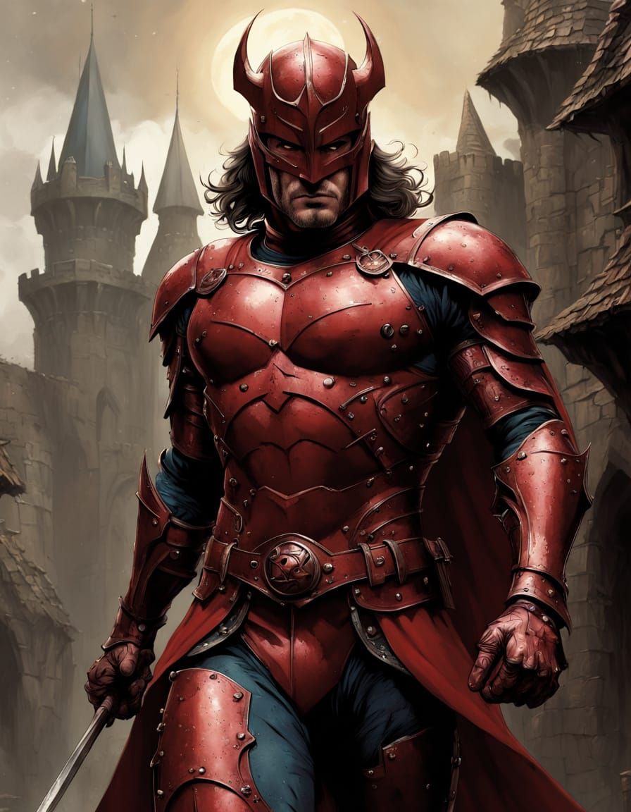 Medieval Knight in Dark Fantasy Castle Courtyard