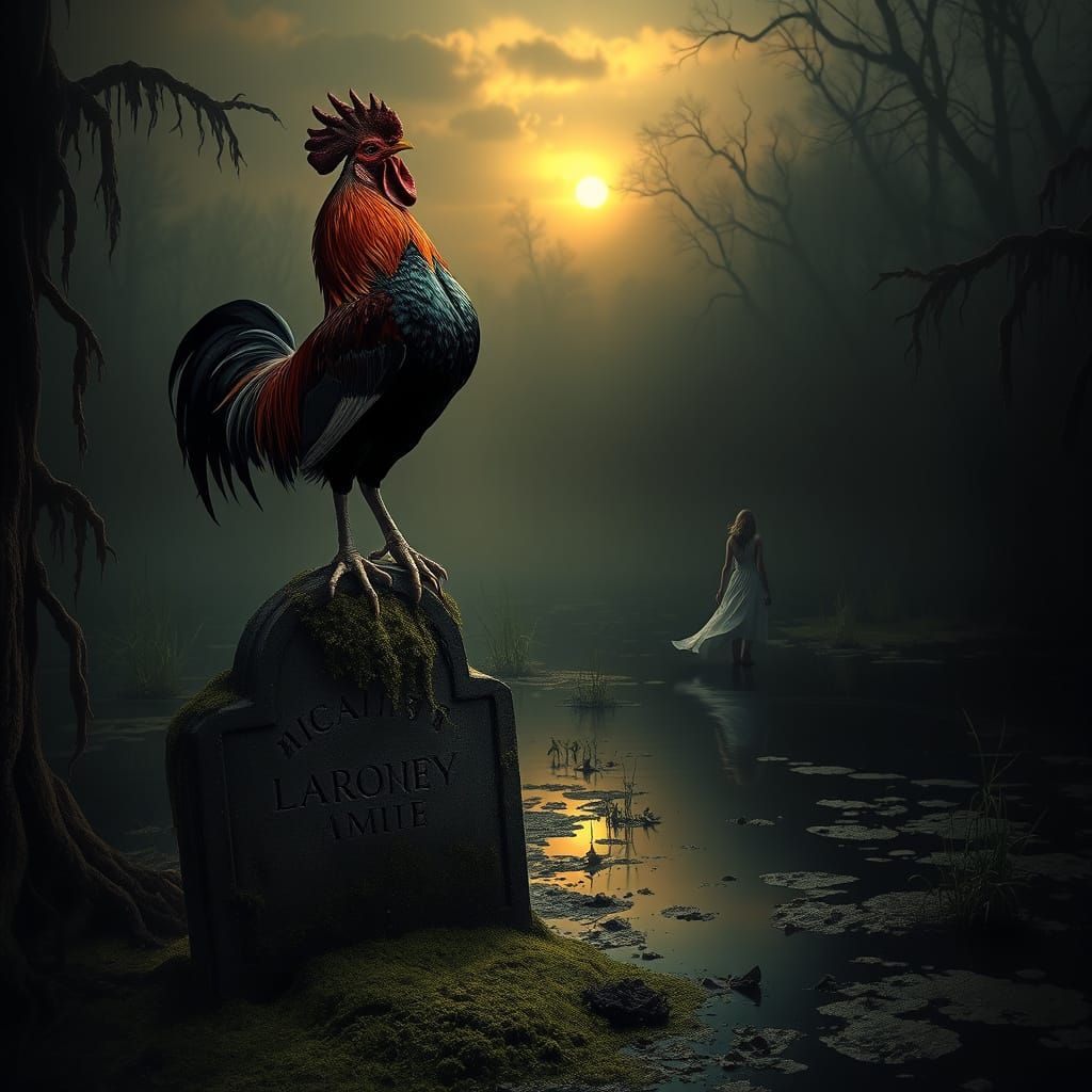 Magnificent Rooster on Bayou Gravestone at Dusk