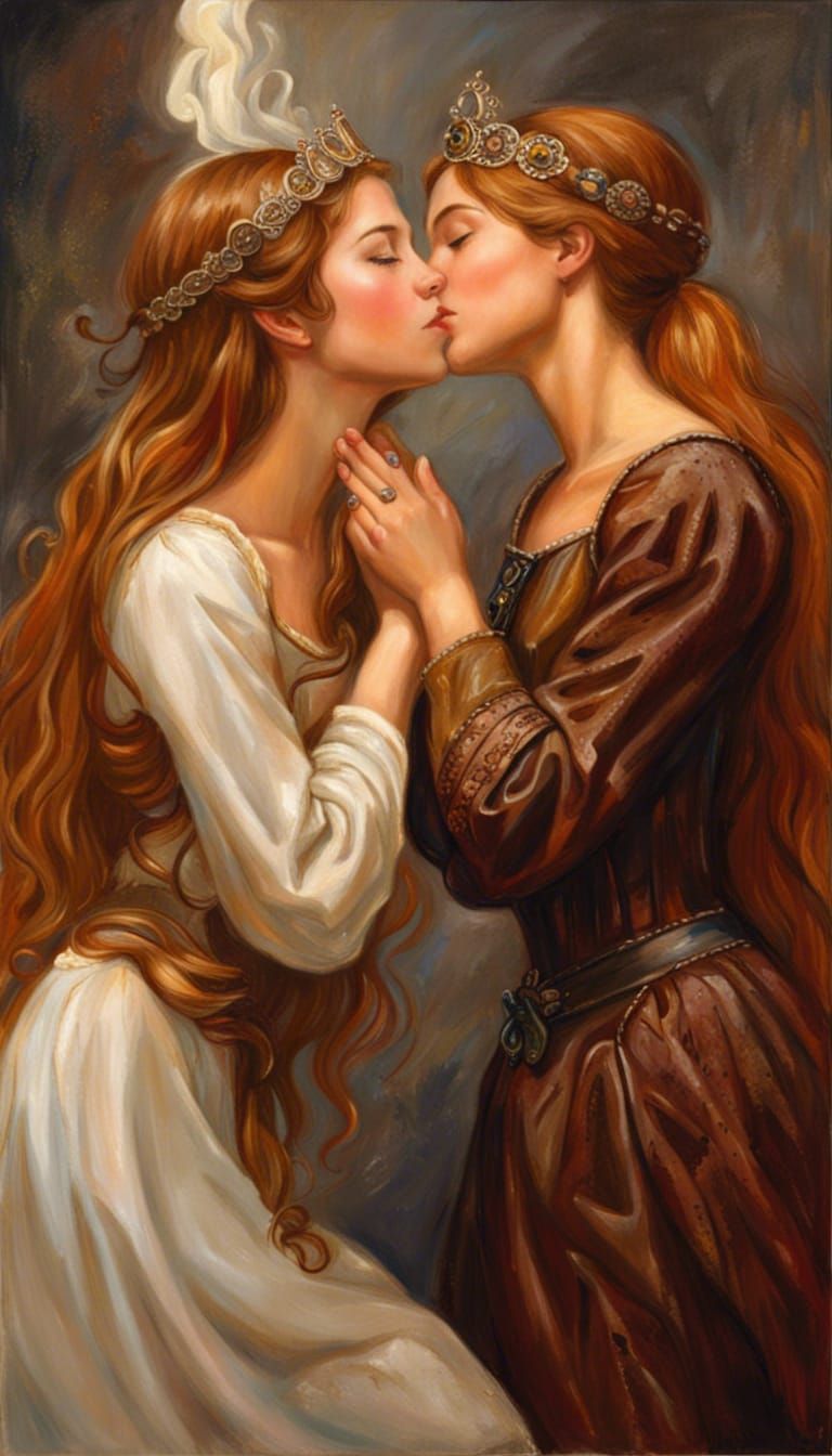 Fantasy Art: Two Princesses Kissing in Oil Painting