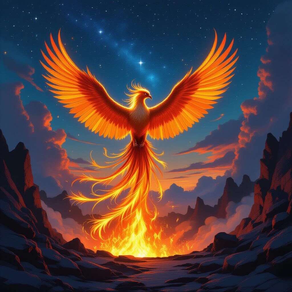 Majestic Phoenix Rises from Volcano in Fiery Fantasy Art