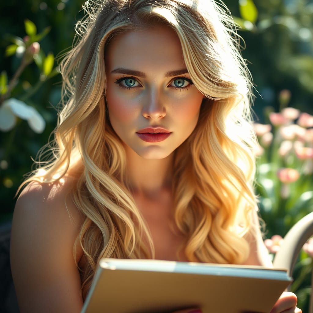 Blonde Woman Sketching in Sunlit Garden, Impressionism