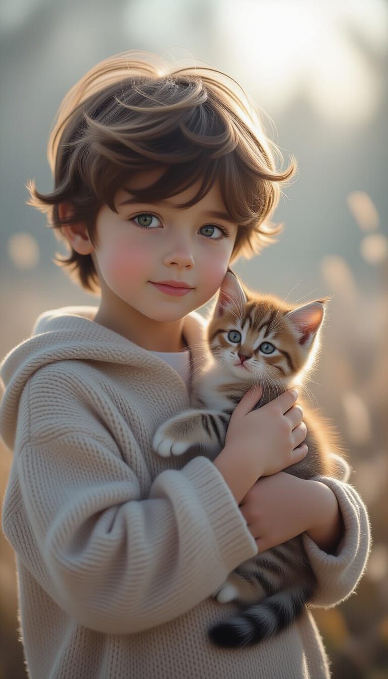 Boy and Kitten in Frosted Crystal Style