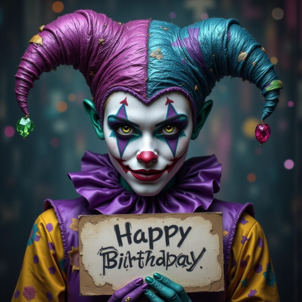 Whimsical Jester Holding "Happy Birthday" Sign in Purple and...