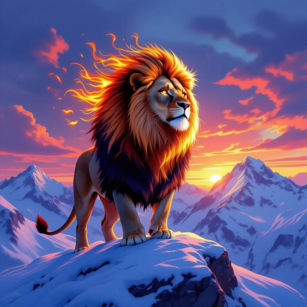 Lion with Flaming Mane on Snowy Mountain
