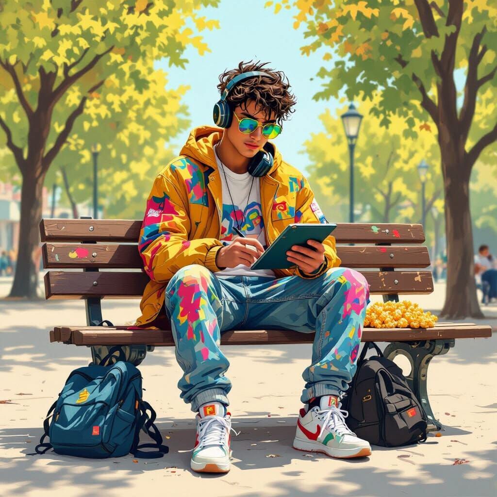 Young Man Drawing on Tech Tablet in Sunny Park