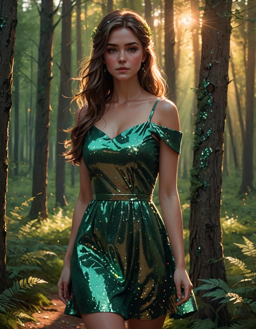 Girl in Forest at Sunset: Digital Art