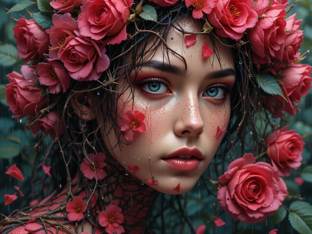 A Girl Trapped in a Vortex of Vibrant Roses