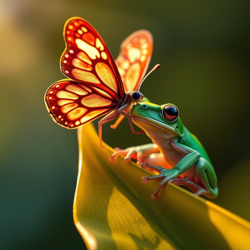 Whimsical Butterfly Perched on Bright Green Frog in Ultra HD