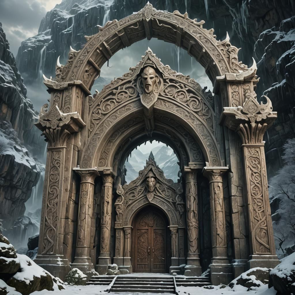 Majestic Norse Elven Temple Entrance in Stormy Landscape