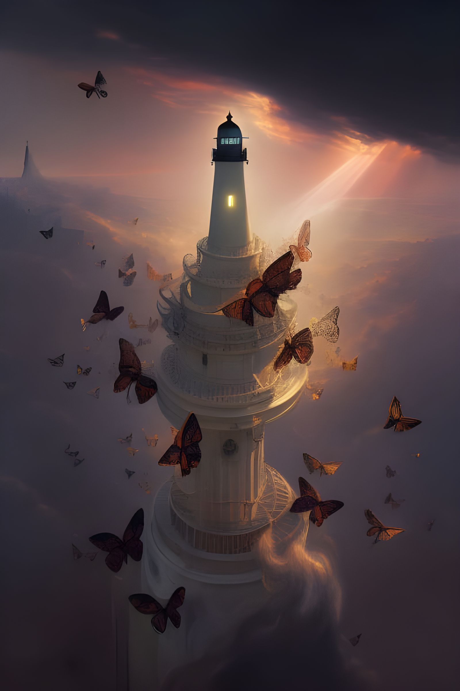 Baroque Lighthouse with Butterfly, Hyperdetailed Matte Paint...