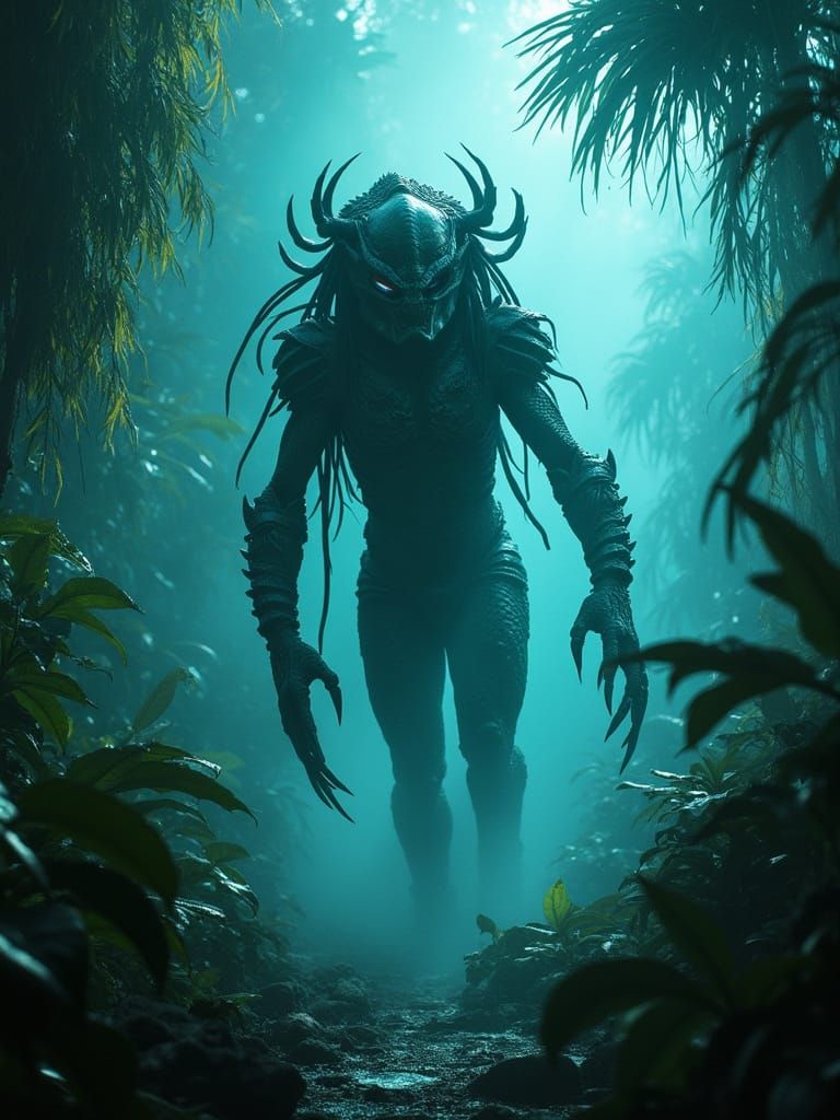 Alien Predator Stalks Prey in Dense, Iridescent Jungle