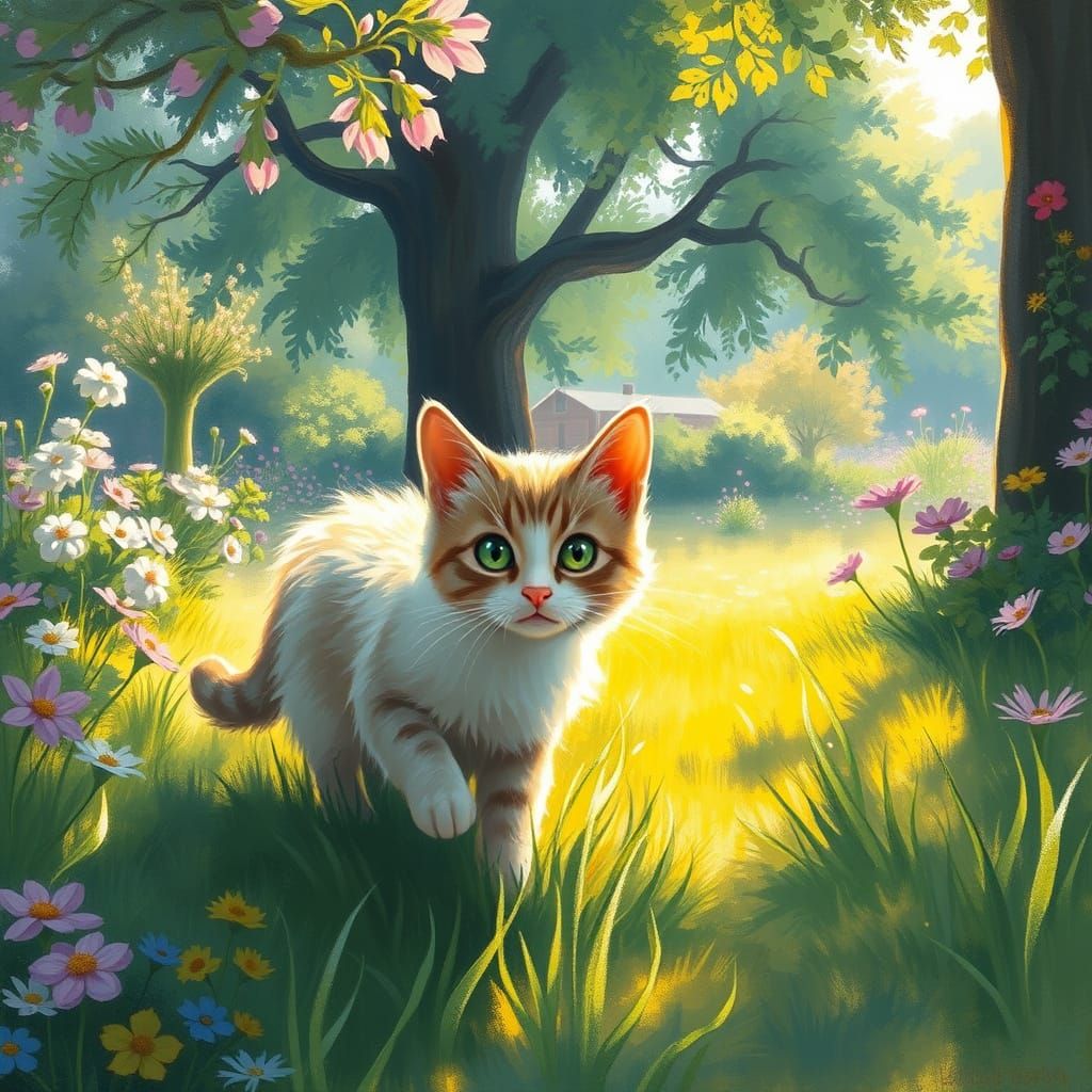 Feline Serenity in a Vibrant Impressionist Garden