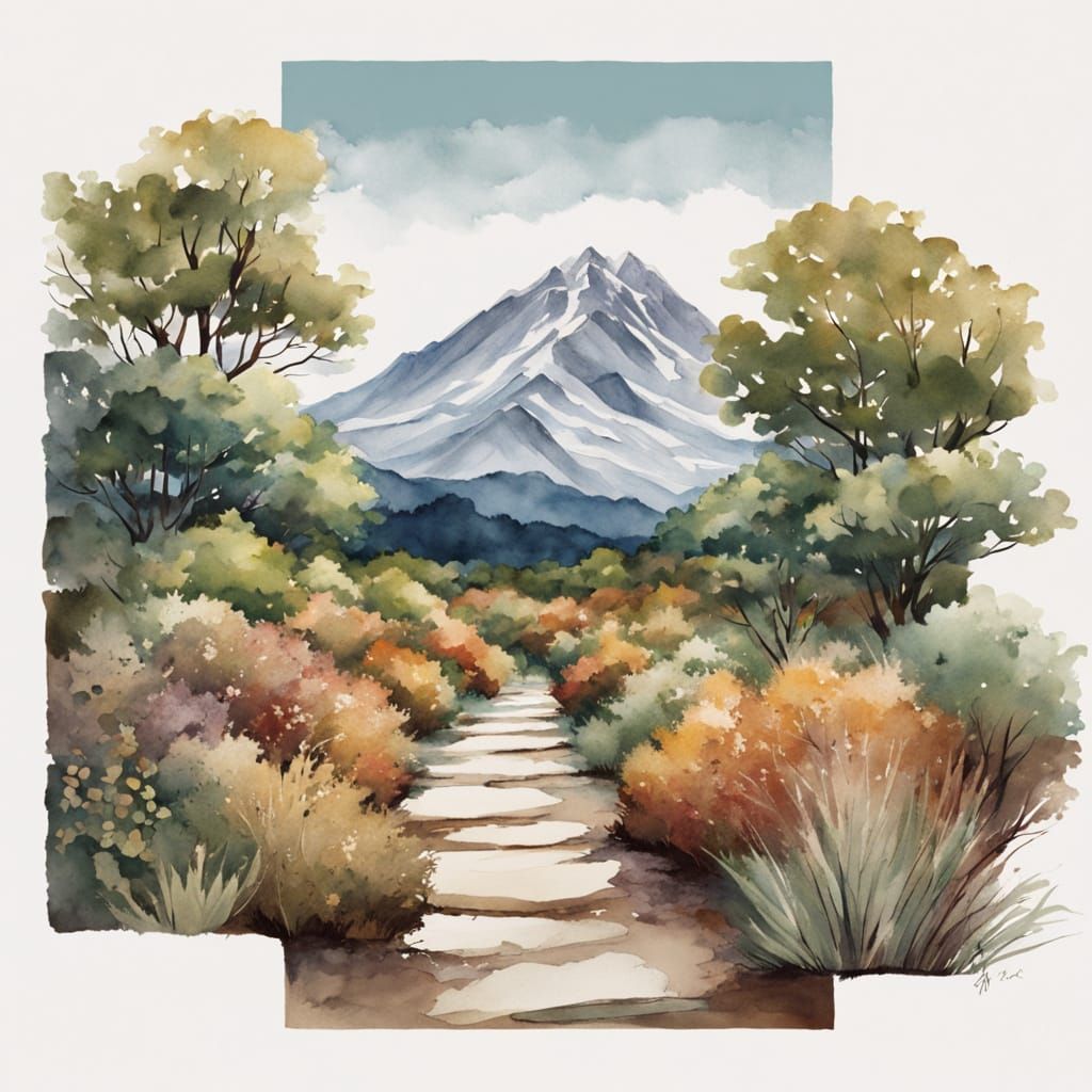 Watercolor Landscape of Mountains and Rocky Path