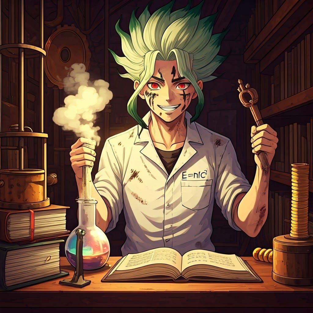 Genius Scientist in Cluttered Laboratory, Surrounded by Home...