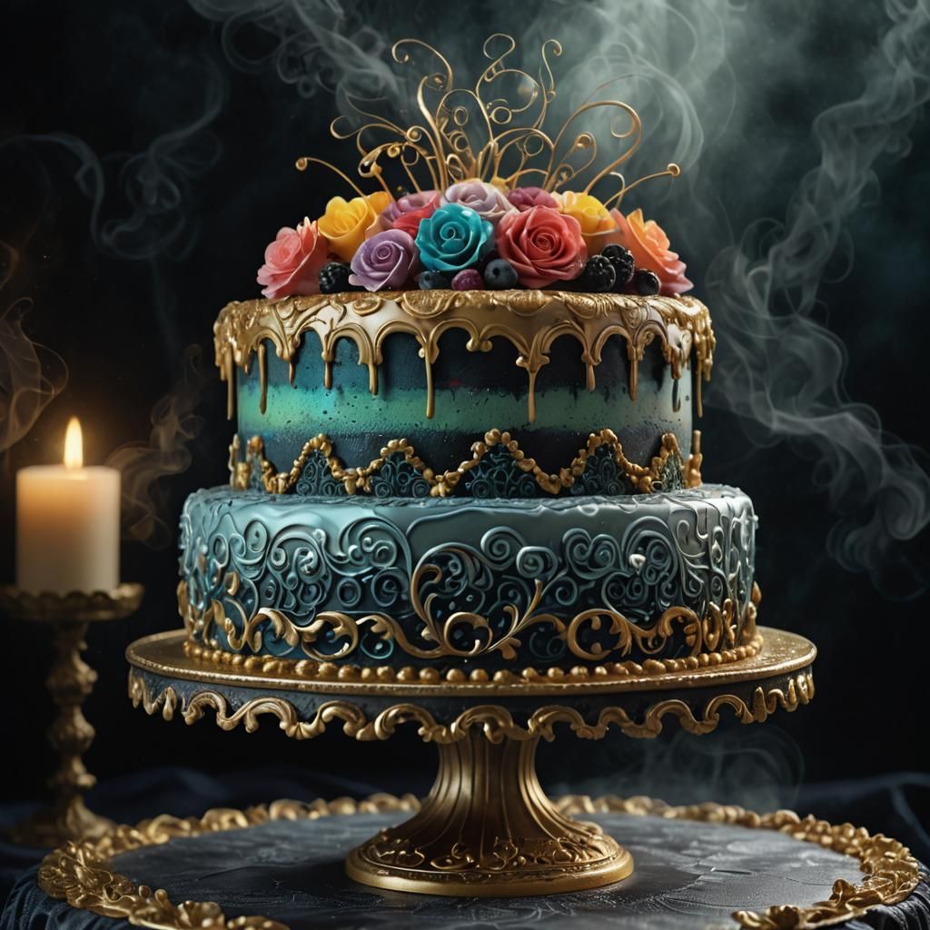 Ornate Cake in Dark Mist: Surreal Digital Art