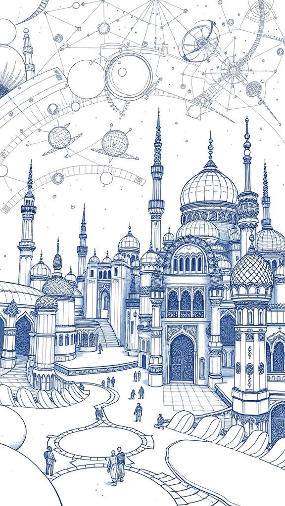 Futuristic Arabian City Doodle in Blue Ink