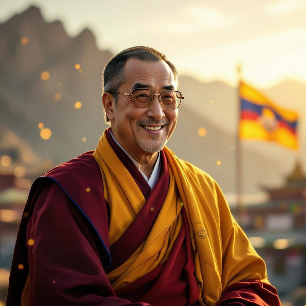 Dalai Lama Portrait in Golden Sunlight, Digital Art